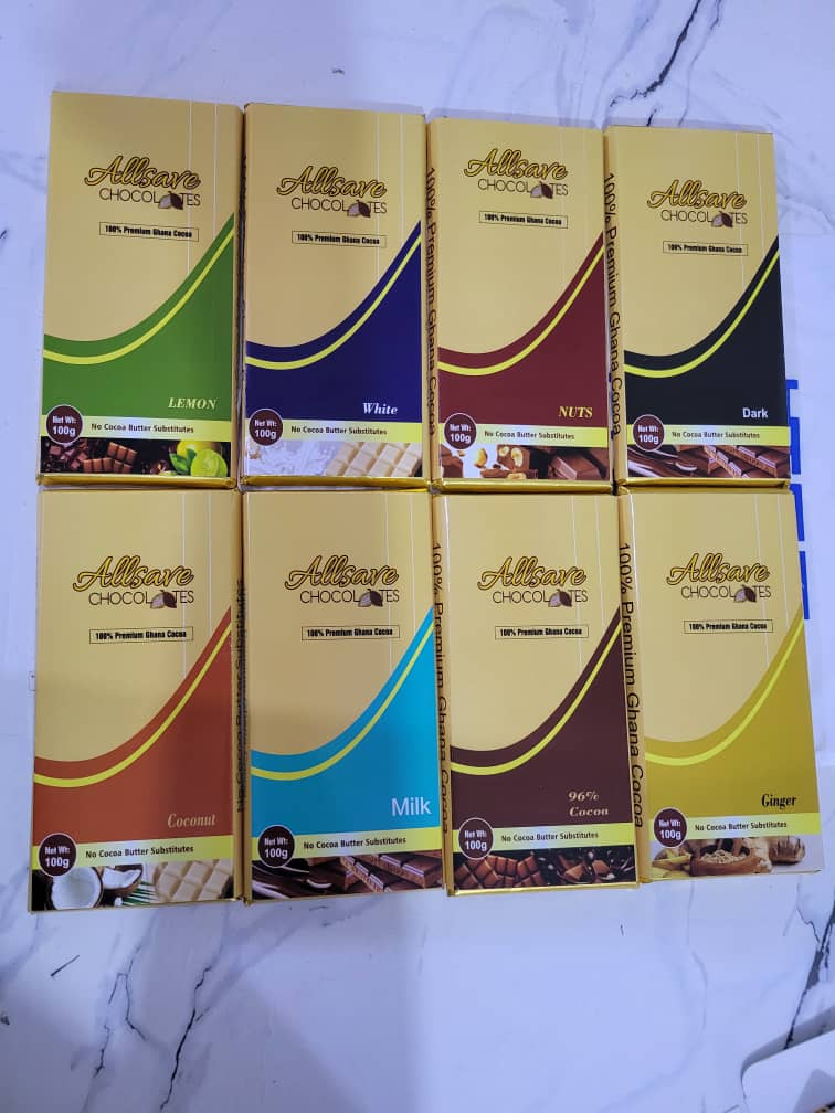 ALLSAVE chocolates. Ghanaian business and entrepreneur's experiences, challenges and contact. Different chocolate flavours.